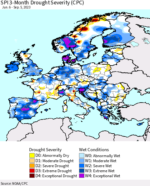 Europe SPI 3-Month Drought Severity (CPC) Thematic Map For 6/6/2023 - 9/5/2023
