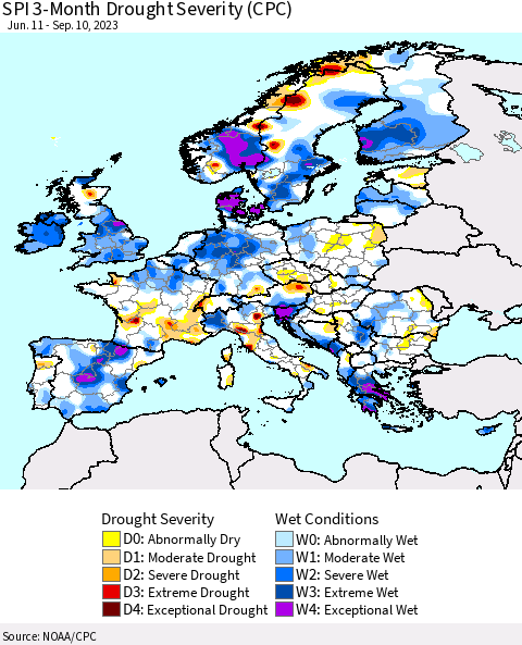 Europe SPI 3-Month Drought Severity (CPC) Thematic Map For 6/11/2023 - 9/10/2023
