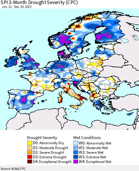Europe SPI 3-Month Drought Severity (CPC) Thematic Map For 6/21/2023 - 9/20/2023