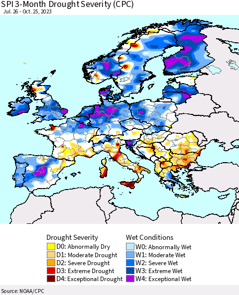 Europe SPI 3-Month Drought Severity (CPC) Thematic Map For 7/26/2023 - 10/25/2023