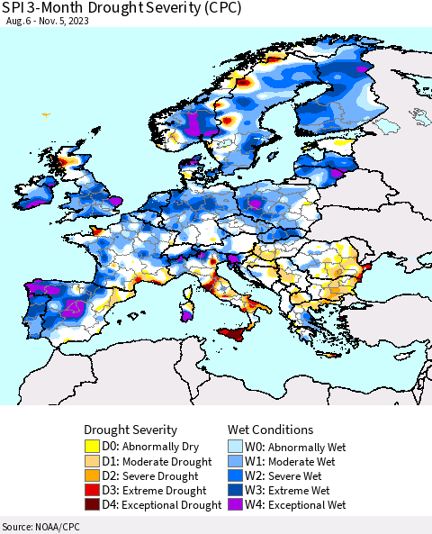 Europe SPI 3-Month Drought Severity (CPC) Thematic Map For 8/6/2023 - 11/5/2023