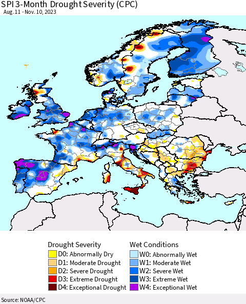 Europe SPI 3-Month Drought Severity (CPC) Thematic Map For 8/11/2023 - 11/10/2023