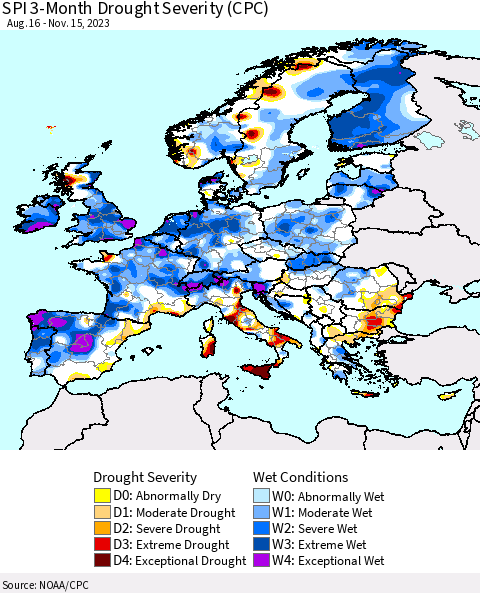 Europe SPI 3-Month Drought Severity (CPC) Thematic Map For 8/16/2023 - 11/15/2023