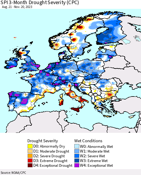 Europe SPI 3-Month Drought Severity (CPC) Thematic Map For 8/21/2023 - 11/20/2023
