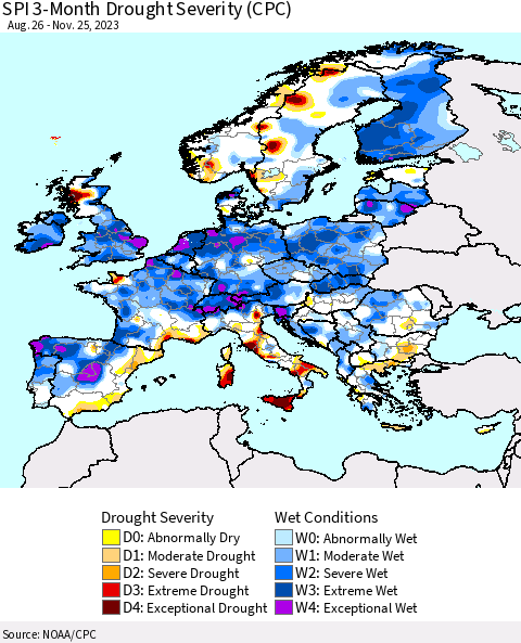 Europe SPI 3-Month Drought Severity (CPC) Thematic Map For 8/26/2023 - 11/25/2023