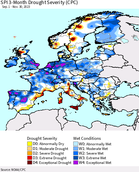 Europe SPI 3-Month Drought Severity (CPC) Thematic Map For 9/1/2023 - 11/30/2023