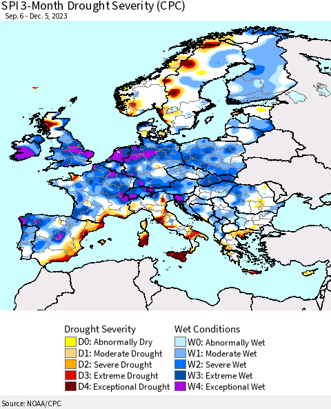 Europe SPI 3-Month Drought Severity (CPC) Thematic Map For 9/6/2023 - 12/5/2023