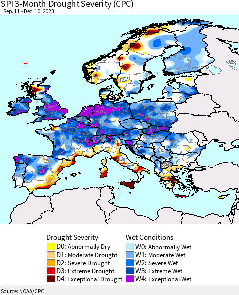Europe SPI 3-Month Drought Severity (CPC) Thematic Map For 9/11/2023 - 12/10/2023