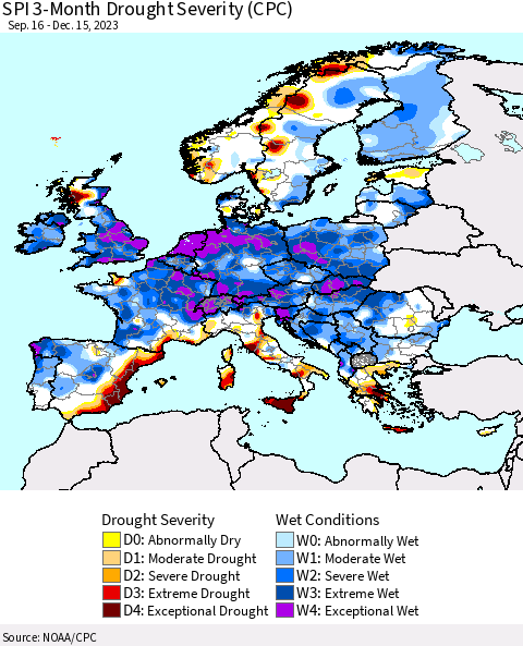 Europe SPI 3-Month Drought Severity (CPC) Thematic Map For 9/16/2023 - 12/15/2023