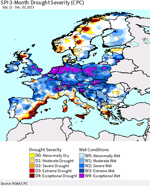 Europe SPI 3-Month Drought Severity (CPC) Thematic Map For 9/21/2023 - 12/20/2023