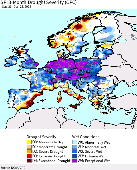 Europe SPI 3-Month Drought Severity (CPC) Thematic Map For 9/26/2023 - 12/25/2023