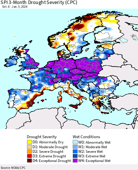 Europe SPI 3-Month Drought Severity (CPC) Thematic Map For 10/6/2023 - 1/5/2024