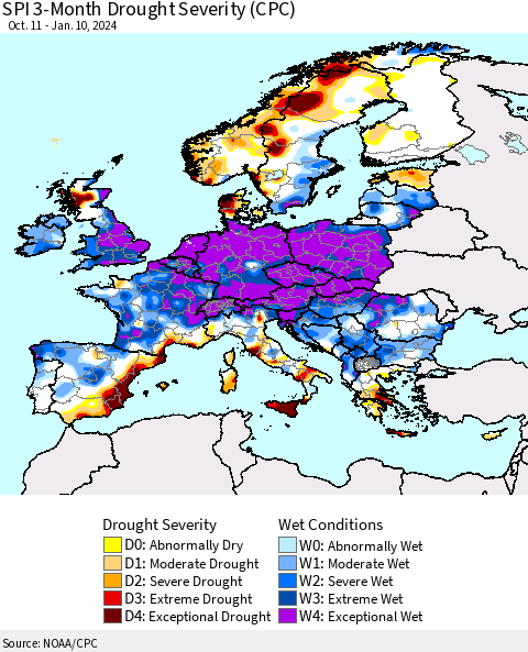 Europe SPI 3-Month Drought Severity (CPC) Thematic Map For 10/11/2023 - 1/10/2024