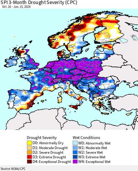Europe SPI 3-Month Drought Severity (CPC) Thematic Map For 10/16/2023 - 1/15/2024