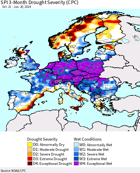 Europe SPI 3-Month Drought Severity (CPC) Thematic Map For 10/21/2023 - 1/20/2024