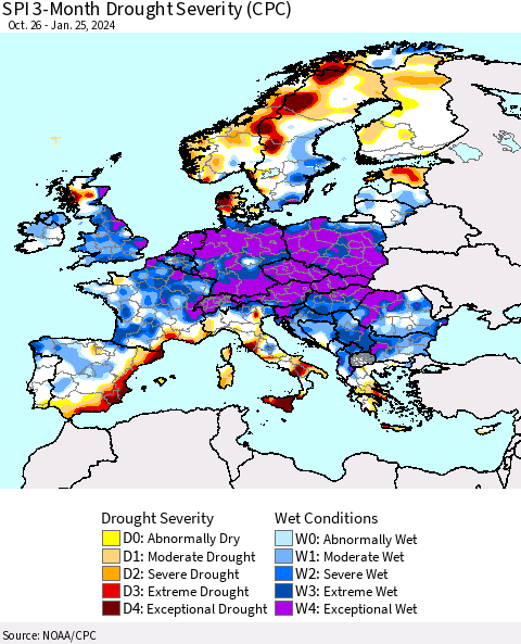 Europe SPI 3-Month Drought Severity (CPC) Thematic Map For 10/26/2023 - 1/25/2024