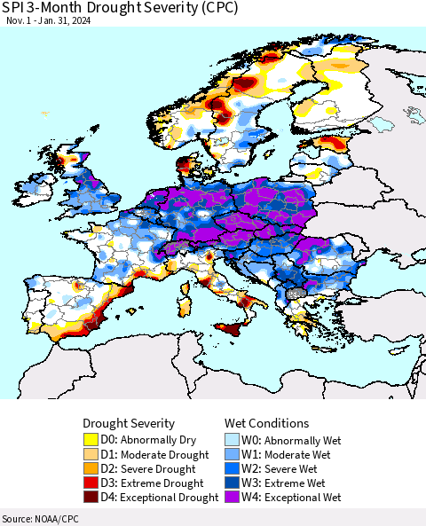 Europe SPI 3-Month Drought Severity (CPC) Thematic Map For 11/1/2023 - 1/31/2024