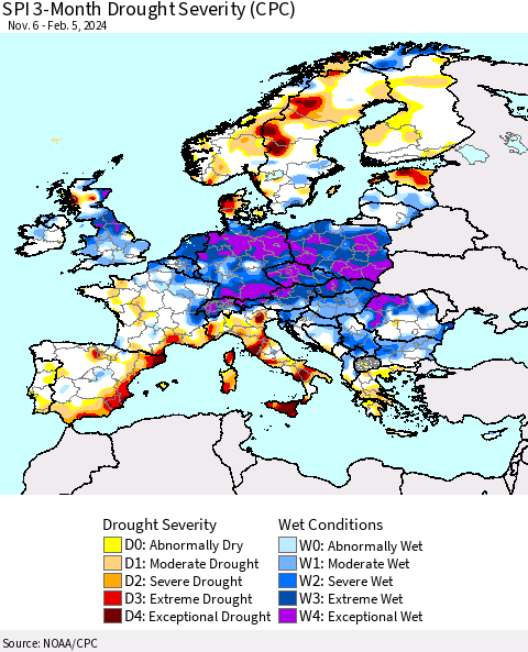 Europe SPI 3-Month Drought Severity (CPC) Thematic Map For 11/6/2023 - 2/5/2024