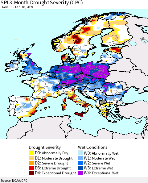 Europe SPI 3-Month Drought Severity (CPC) Thematic Map For 11/11/2023 - 2/10/2024