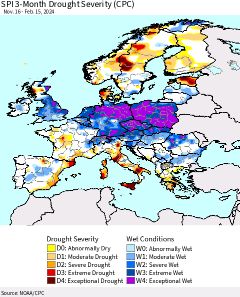 Europe SPI 3-Month Drought Severity (CPC) Thematic Map For 11/16/2023 - 2/15/2024