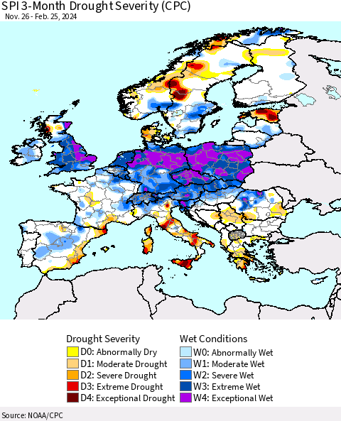 Europe SPI 3-Month Drought Severity (CPC) Thematic Map For 11/26/2023 - 2/25/2024