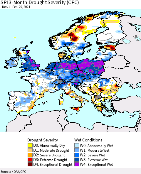 Europe SPI 3-Month Drought Severity (CPC) Thematic Map For 12/1/2023 - 2/29/2024