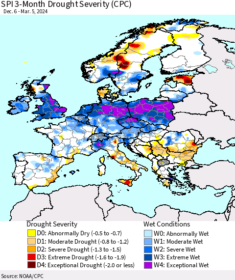 Europe SPI 3-Month Drought Severity (CPC) Thematic Map For 12/6/2023 - 3/5/2024