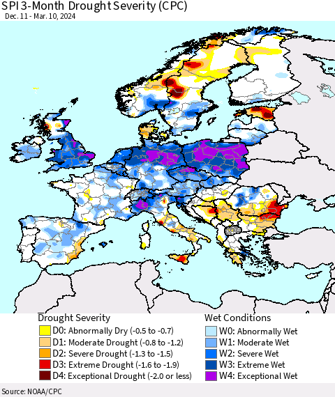 Europe SPI 3-Month Drought Severity (CPC) Thematic Map For 12/11/2023 - 3/10/2024