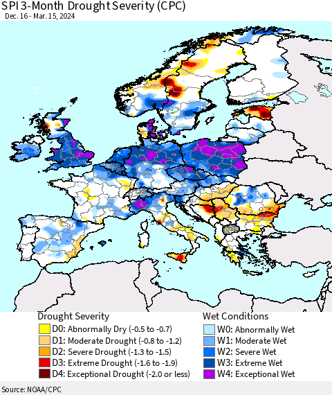 Europe SPI 3-Month Drought Severity (CPC) Thematic Map For 12/16/2023 - 3/15/2024