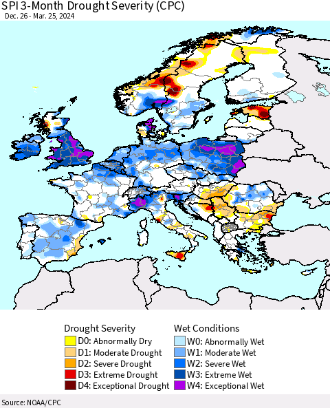 Europe SPI 3-Month Drought Severity (CPC) Thematic Map For 12/26/2023 - 3/25/2024