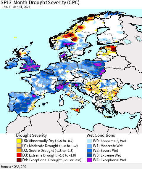 Europe SPI 3-Month Drought Severity (CPC) Thematic Map For 1/1/2024 - 3/31/2024