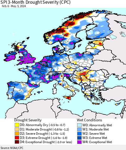 Europe SPI 3-Month Drought Severity (CPC) Thematic Map For 2/6/2024 - 5/5/2024
