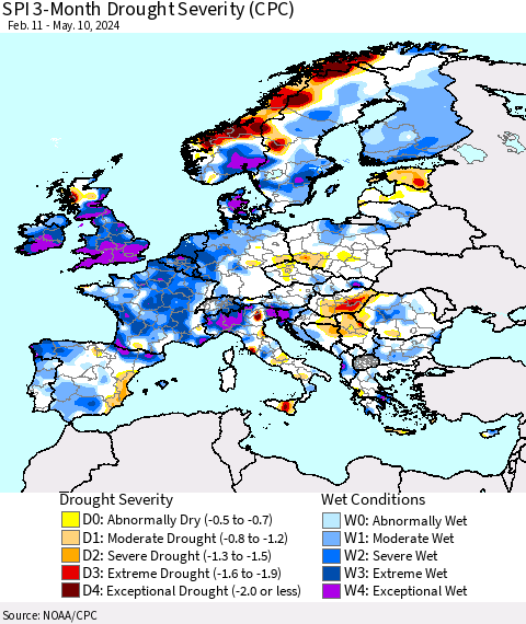 Europe SPI 3-Month Drought Severity (CPC) Thematic Map For 2/11/2024 - 5/10/2024