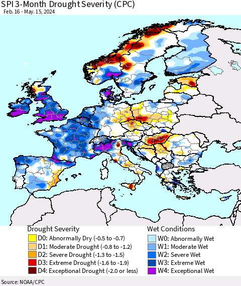 Europe SPI 3-Month Drought Severity (CPC) Thematic Map For 2/16/2024 - 5/15/2024