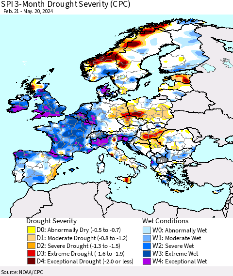 Europe SPI 3-Month Drought Severity (CPC) Thematic Map For 2/21/2024 - 5/20/2024