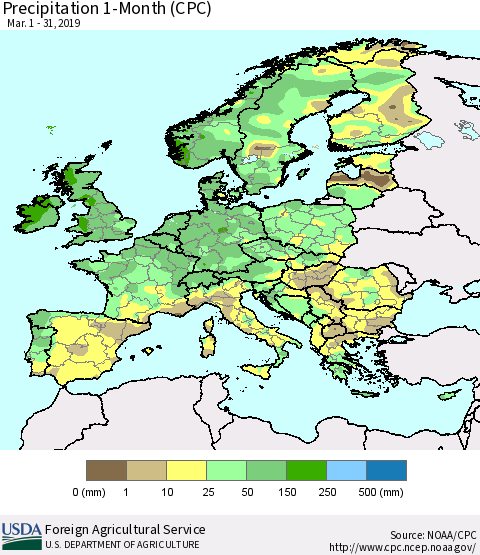 Europe Precipitation 1-Month (CPC) Thematic Map For 3/1/2019 - 3/31/2019