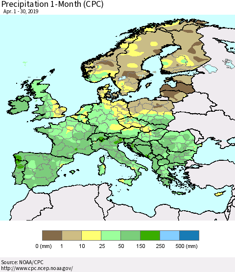 Europe Precipitation 1-Month (CPC) Thematic Map For 4/1/2019 - 4/30/2019