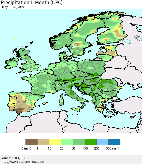 Europe Precipitation 1-Month (CPC) Thematic Map For 5/1/2019 - 5/31/2019