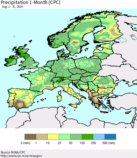 Europe Precipitation 1-Month (CPC) Thematic Map For 8/1/2019 - 8/31/2019