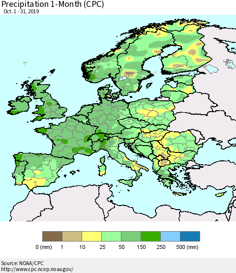Europe Precipitation 1-Month (CPC) Thematic Map For 10/1/2019 - 10/31/2019