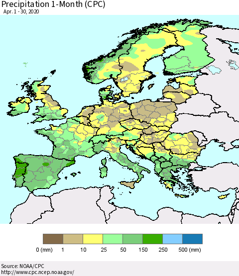 Europe Precipitation 1-Month (CPC) Thematic Map For 4/1/2020 - 4/30/2020