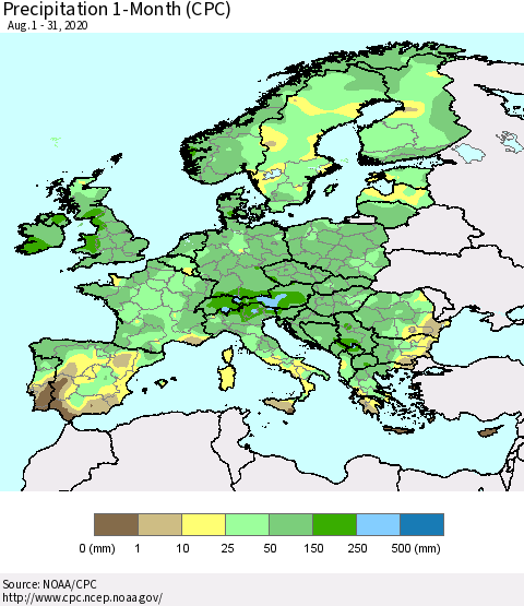 Europe Precipitation 1-Month (CPC) Thematic Map For 8/1/2020 - 8/31/2020