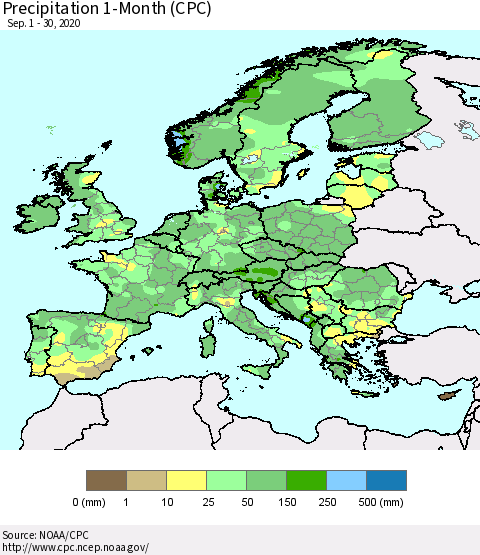 Europe Precipitation 1-Month (CPC) Thematic Map For 9/1/2020 - 9/30/2020