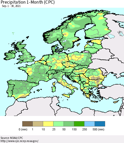 Europe Precipitation 1-Month (CPC) Thematic Map For 9/1/2021 - 9/30/2021
