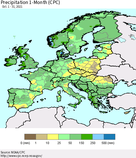 Europe Precipitation 1-Month (CPC) Thematic Map For 10/1/2021 - 10/31/2021