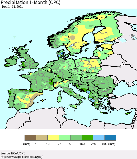 Europe Precipitation 1-Month (CPC) Thematic Map For 12/1/2021 - 12/31/2021