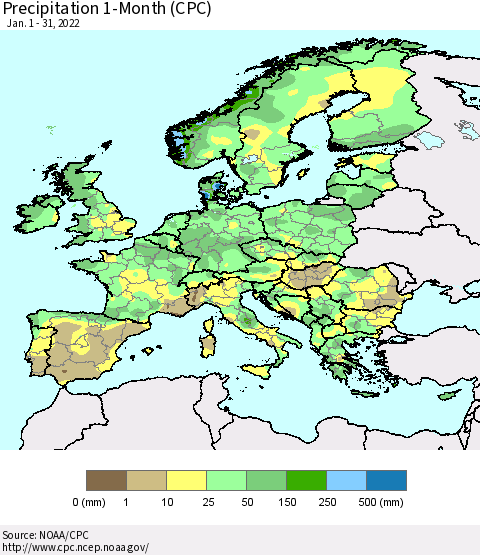 Europe Precipitation 1-Month (CPC) Thematic Map For 1/1/2022 - 1/31/2022