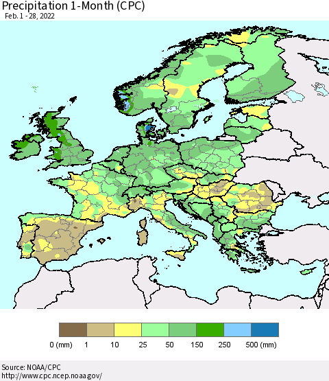Europe Precipitation 1-Month (CPC) Thematic Map For 2/1/2022 - 2/28/2022