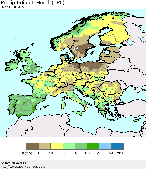 Europe Precipitation 1-Month (CPC) Thematic Map For 3/1/2022 - 3/31/2022