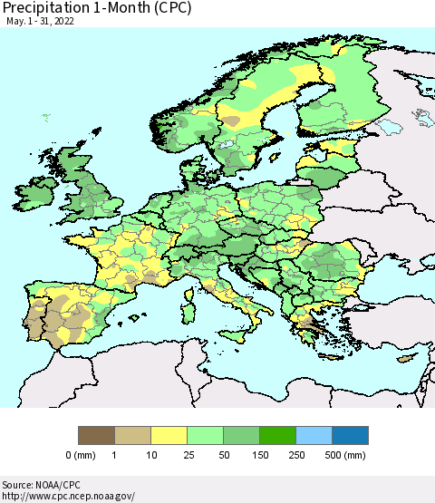 Europe Precipitation 1-Month (CPC) Thematic Map For 5/1/2022 - 5/31/2022